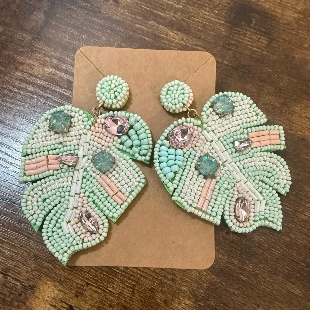 Beaded Monstera Leaf Earrings